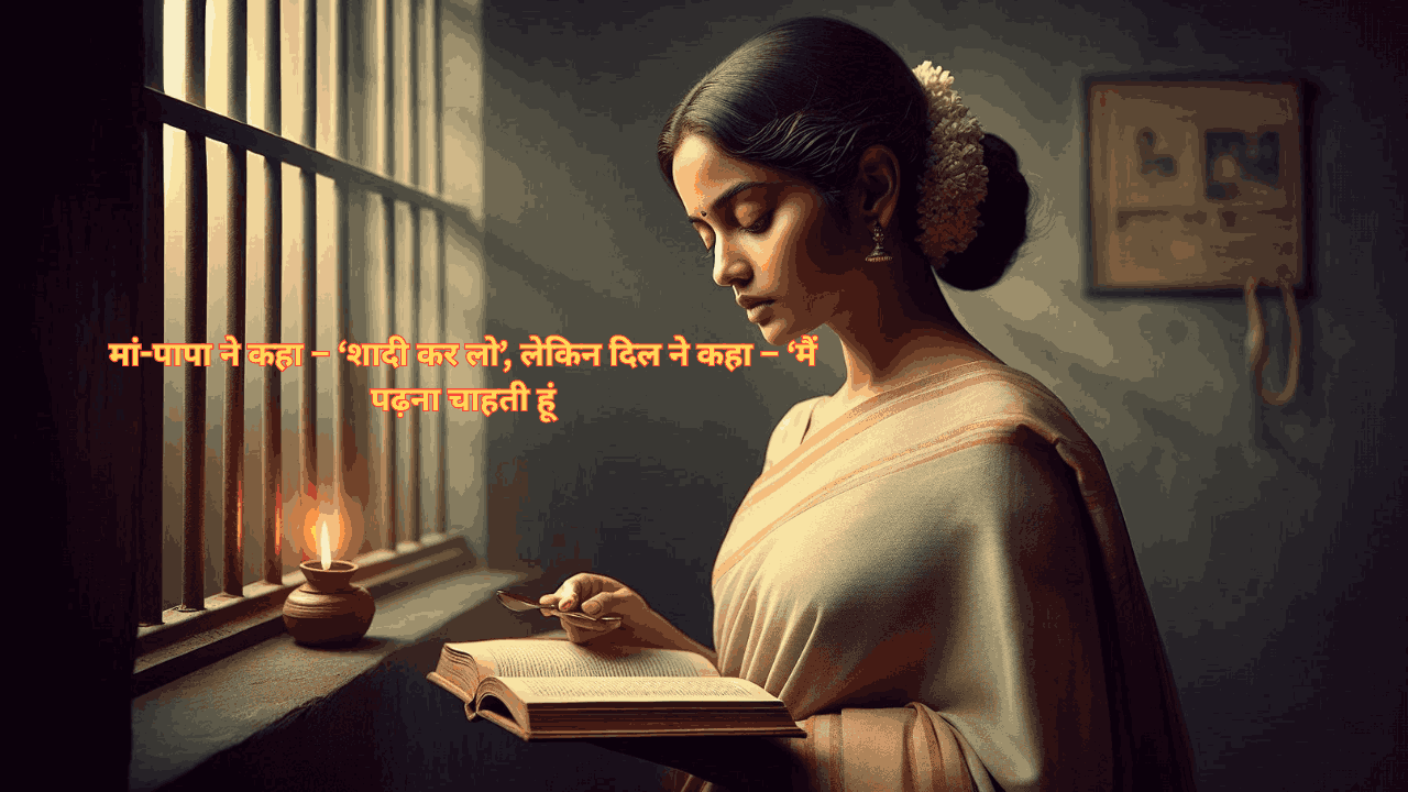Young Indian woman in traditional attire reading a book under soft light, symbolizing dreams and struggle; background with barred window represents family pressure and restrictions