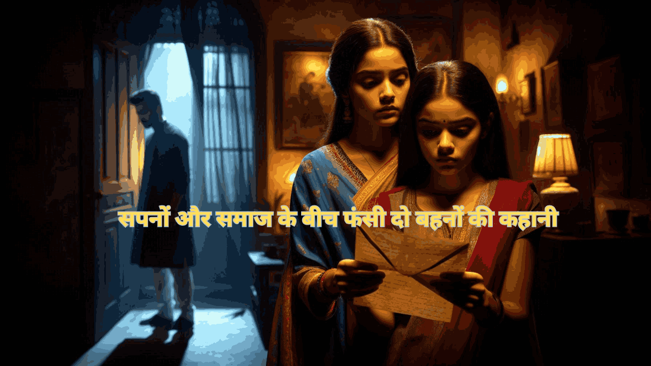 Two Indian sisters in emotional conflict, one holding a mysterious letter, representing family pressure and hidden truths – from the blog story “औरत का दुख – भाग 2: छुपा हुआ सच”