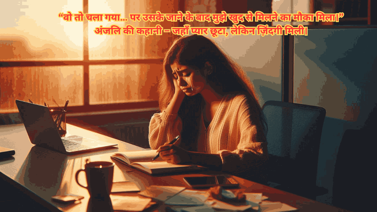 Young Indian woman sitting alone in an office cubicle, emotional mood, holding a notebook and looking lost in thoughts