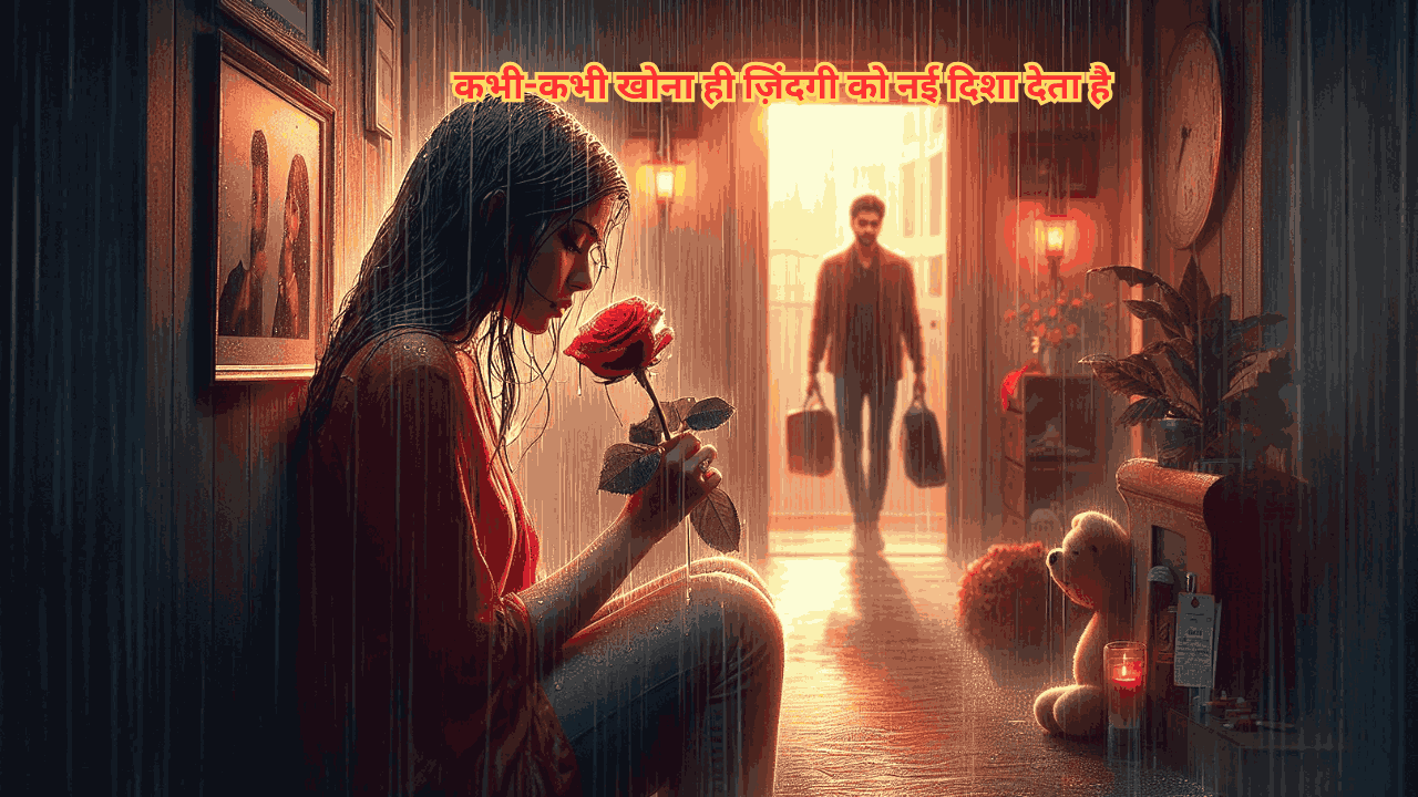 अंजलि भीगी हुई, एक गुलाब थामे हुए, पीछे अमन का सिलूएट, घर के अंदर राहुल टेडी बेयर और टिकट के साथ