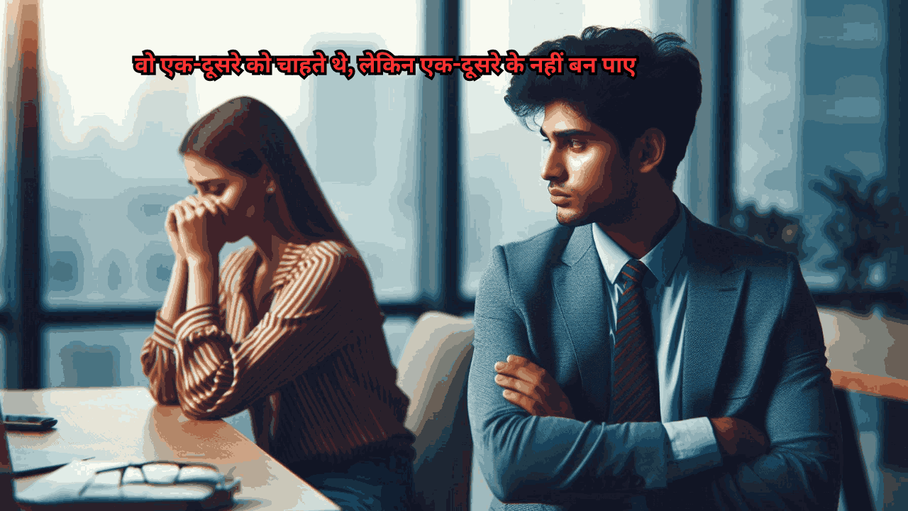 Two Indian colleagues sitting in an office, one looking emotional and the other avoiding eye contact. Emotional moment between Anjali and Aman