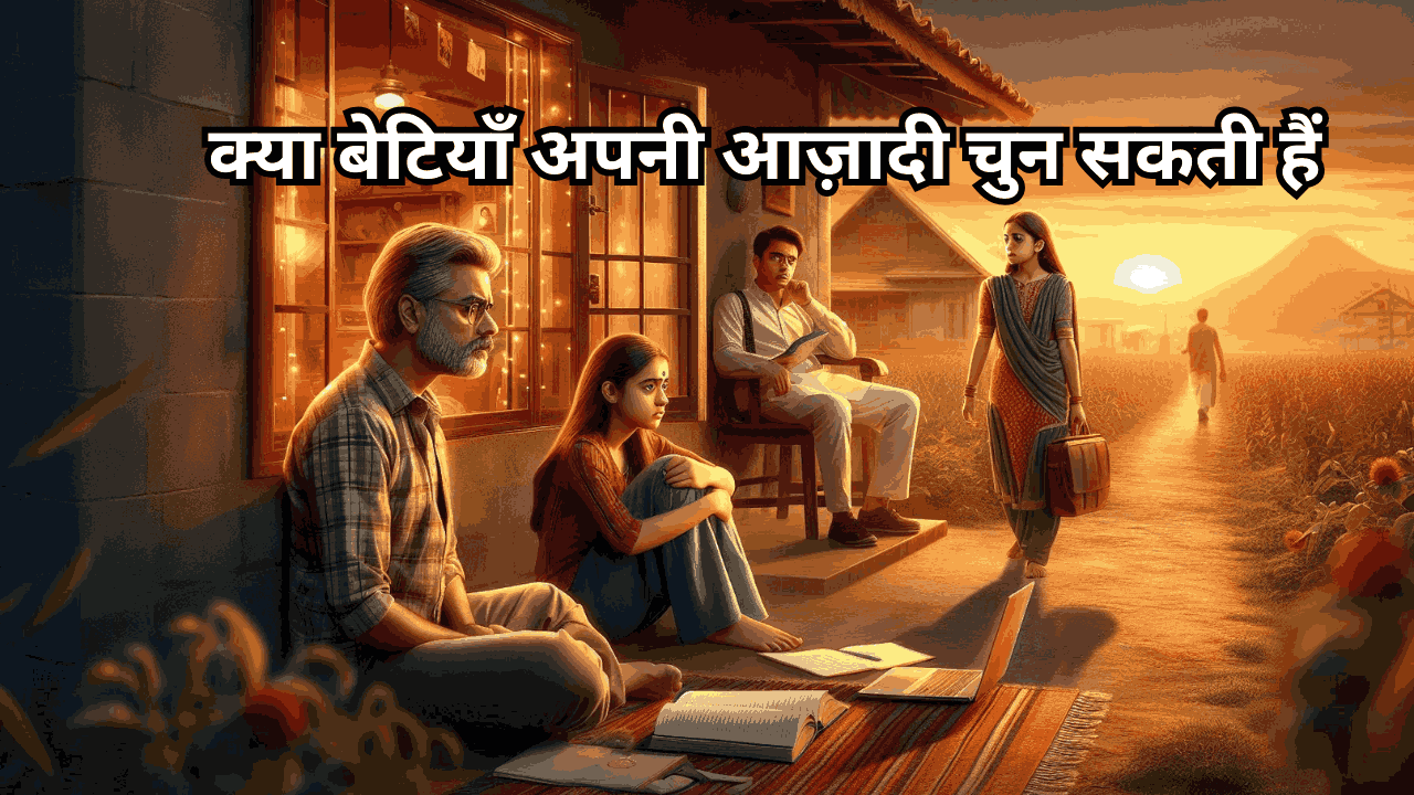 भारतीय परिवार की कहानी – बहादुर सिंह का परिवार: आशा, तनाव और बेटियों की लड़ाई। पिता चिंतित मुद्रा में, दो बेटियाँ – एक पढ़ाई करती हुई, दूसरी अपने जीवन का रास्ता चुनते हुए।"