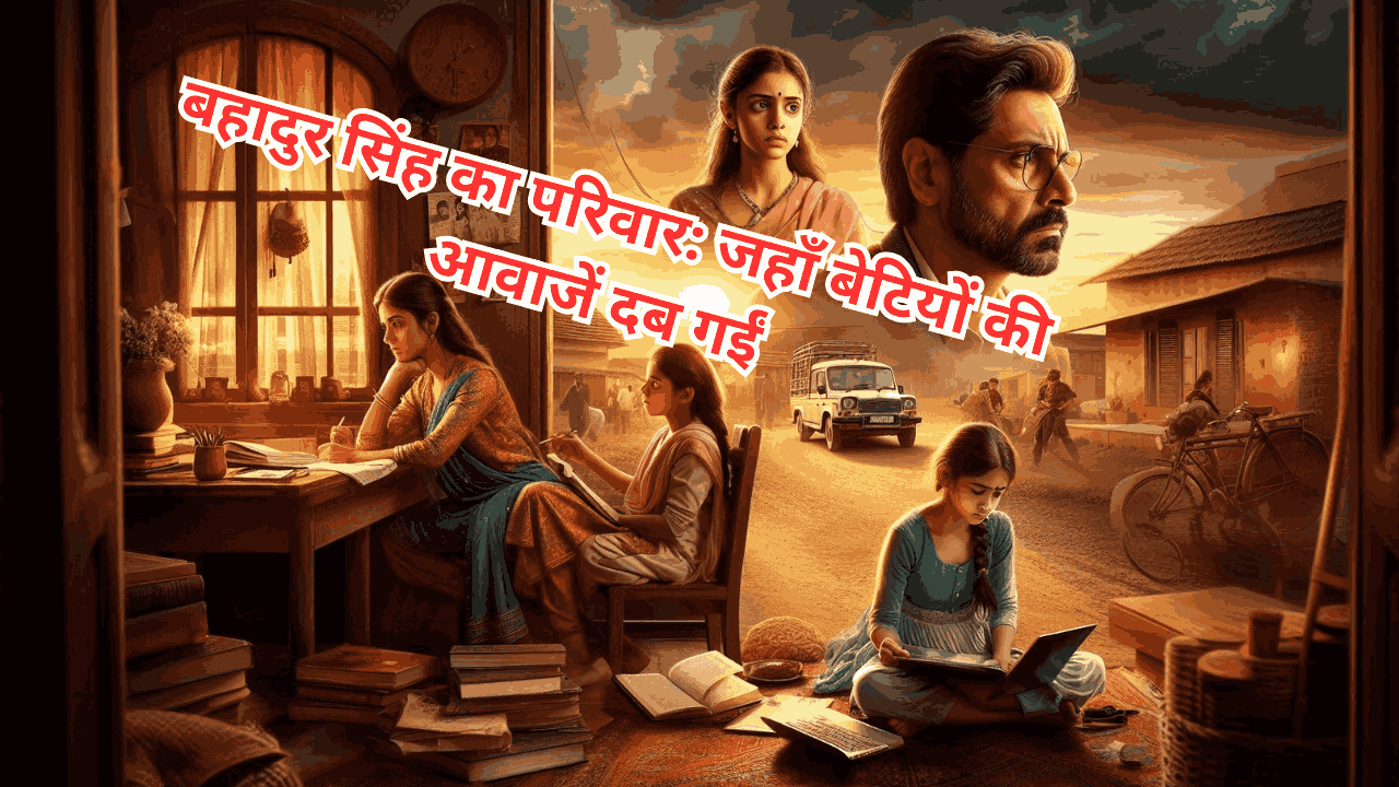 भारतीय परिवार की कहानी - बहादुर सिंह का परिवार: जहाँ बेटियों की आवाजें दब गईं। घर के अंदर एक लड़की खिड़की के पास खड़ी है, बाहर एक लड़का कार में बैठा है।"