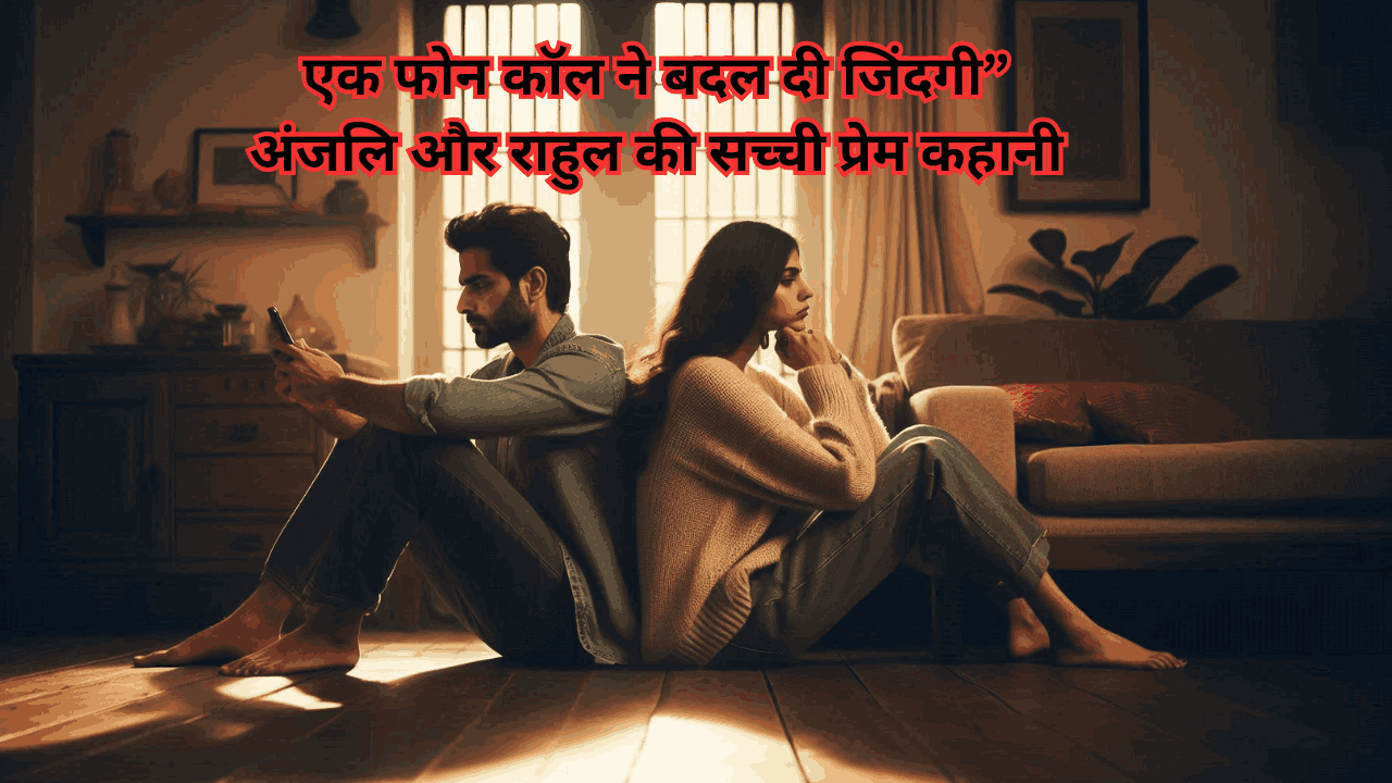 A realistic image of an Indian married couple sitting silently in a living room, showing emotional distance. One is looking at their phone while the other gazes out the window, symbolizing broken communication in relationships.