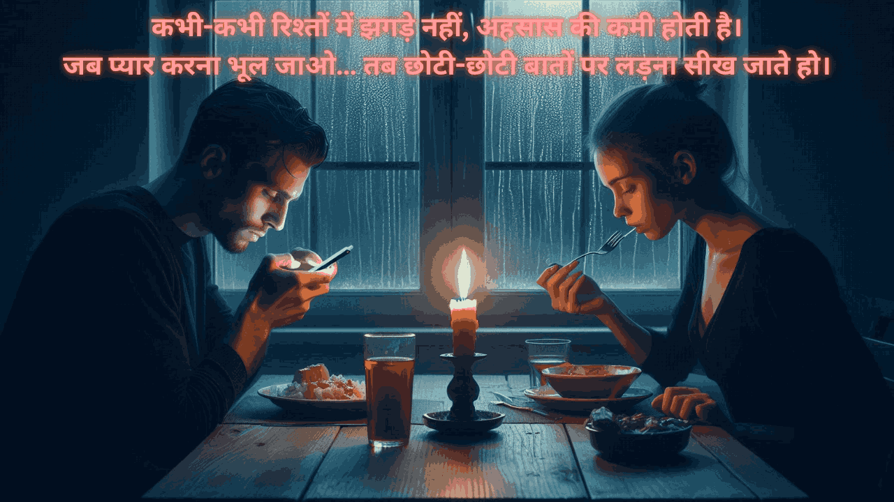 A couple sitting silently in a dimly lit room, showing emotional distance and tension in a relationship. One is looking away while the other holds an old photo frame. This image represents how small misunderstandings can grow when love is forgotten.