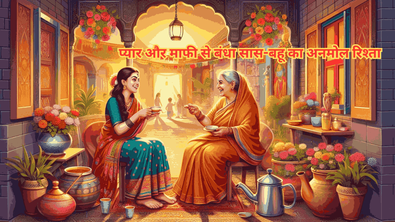 पारंपरिक भारतीय आंगन में सास और बहू एक साथ चाय पीते हुए हंसी-मजाक कर रही हैं, रंग-बिरंगे फूलों के गमले और मंदिर के कोने के साथ, जो प्यार और सुलह का प्रतीक है।