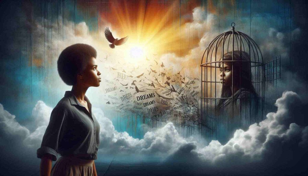 A woman with wings trapped in a cage, but trying to fly out of it, symbolic art style, emotional and hopeful mood