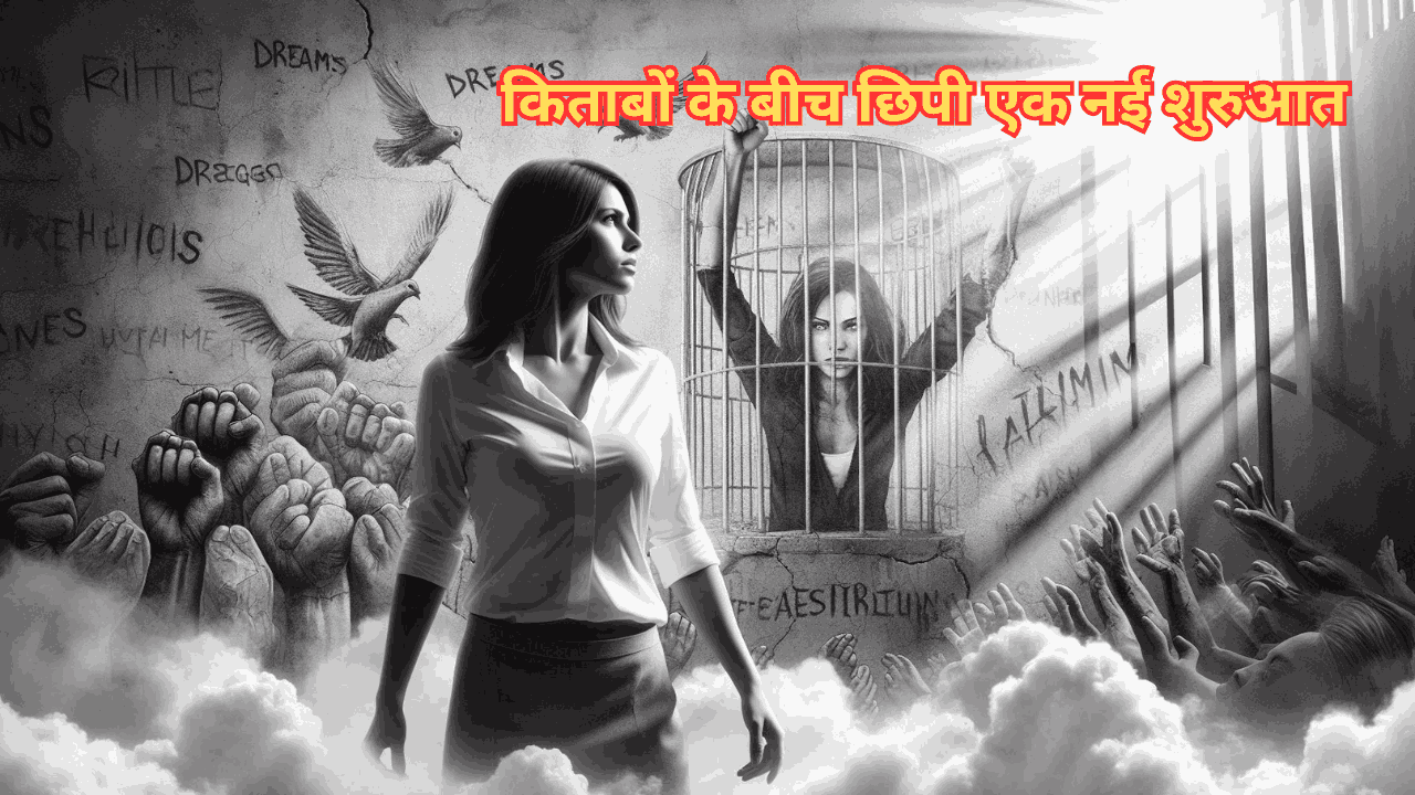 एक महिला टूटे हुए पिंजरे के सामने खड़ी है, उसके पीछे सपनों की दीवार चित्रित है; आकाश में धूप की किरणें छिड़क रही हैं