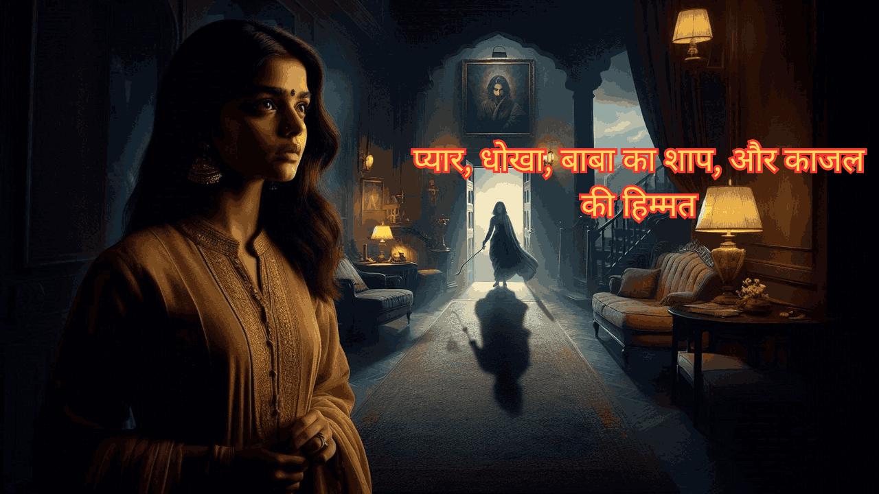 प्यार का राज़ और धोखा' का सिनेमाई चित्रण, जिसमें एक साहसी भारतीय महिला मंद रोशनी वाले बंगले के कमरे के पास खड़ी है, और पृष्ठभूमि में एक छायादार आकृति रहस्यमयी वस्तु पकड़े हुए है। एक भव्य सीढ़ी और रहस्यमयी आभा वाला चित्र शाप की ओर इशारा करता है। पूरी प्रेम और धोखे की कहानी पढ़ने के लिए sachchilovestory.com पर जाएँ।