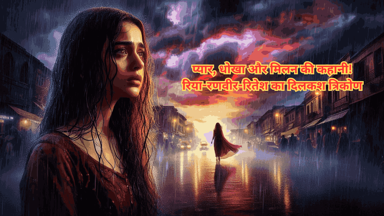 एक बारिश से भीगी सड़क पर रिया खड़ी है, जिसके एक तरफ रणवीर हीरे की अंगूठी लिए और दूसरी तरफ रितेश एक चिट्ठी पकड़े हुए है। पृष्ठभूमि में भारतीय शादी का रंगीन माहौल और अमेरिकी शहर की झलक, तूफानी आसमान के नीचे प्यार और धोखे की कहानी को दर्शाता है।