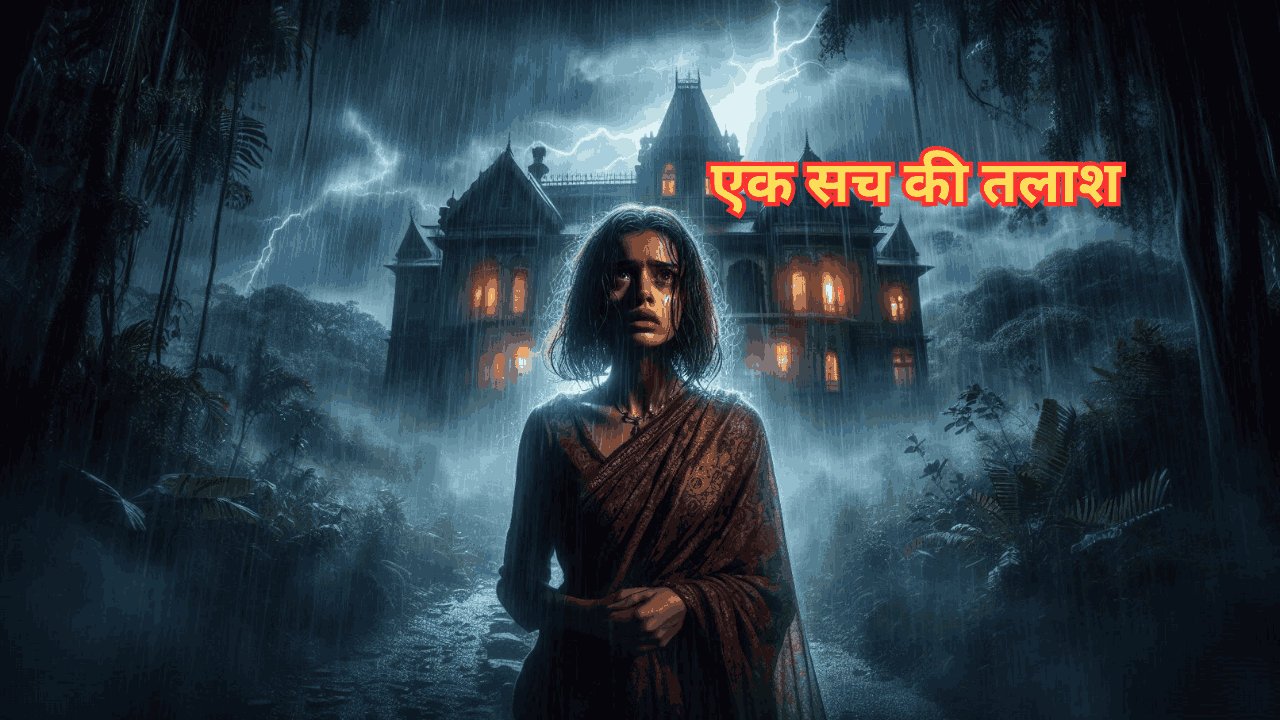 एक अंधेरी, तूफानी रात में जंगल के किनारे एक भव्य, रहस्यमयी बंगले के सामने खड़ी एक युवा भारतीय महिला की छवि। वह दुपट्टे में लिपटी है, उसका चेहरा डर और दृढ़ संकल्प को दर्शाता है। बिजली की चमक आसमान को रोशन करती है, जो एक सस्पेंस भरा माहौल बनाता है।