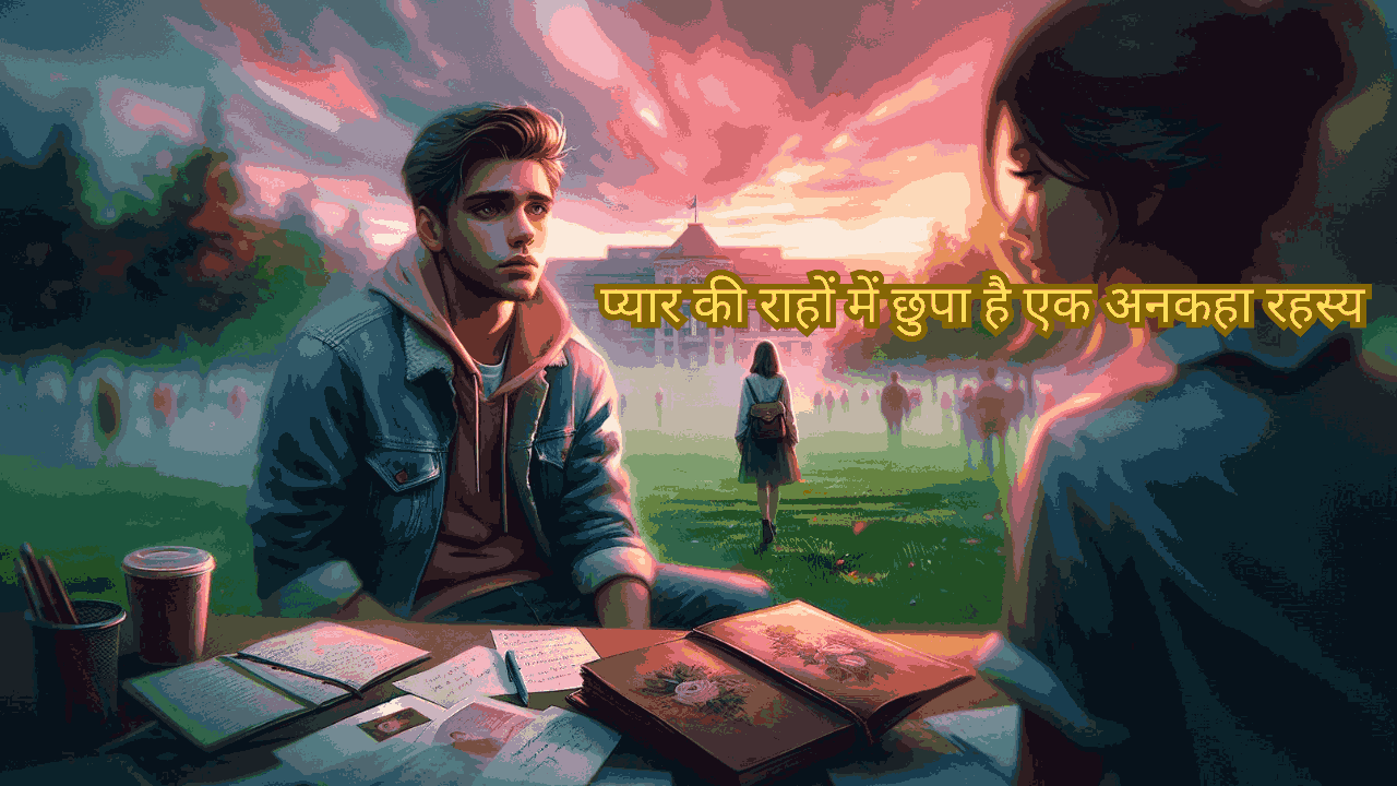 कॉलेज कैंपस में सूर्यास्त के दौरान एक युवा लड़की और लड़के का भावनात्मक दृश्य, जो प्यार, गलतफहमी और सच्चाई की कहानी को दर्शाता है। पृष्ठभूमि में एक डायरी प्यार के अनकहे रहस्य का प्रतीक है।"