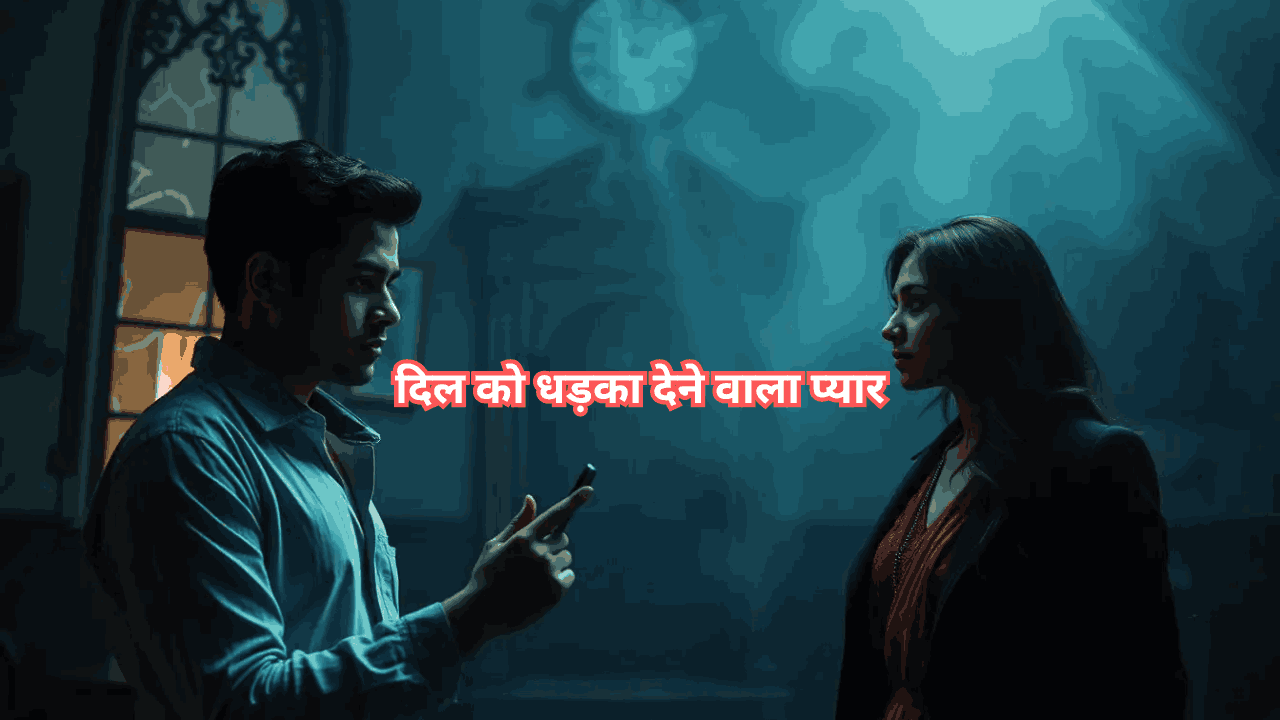 A mysterious man and woman face each other in a spooky old mansion with broken windows, symbolizing a suspenseful love story between a journalist and an enigmatic figure