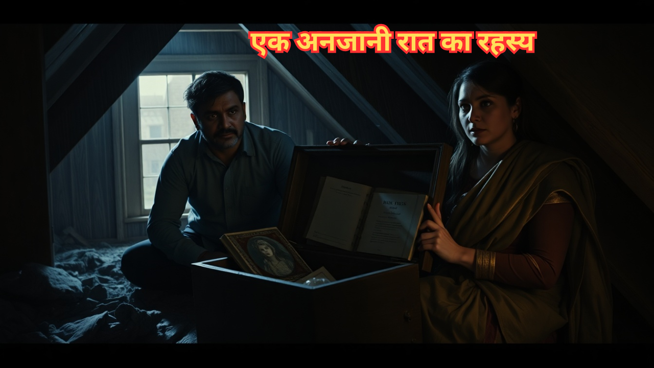 एक अटारी में रवि और माया पुराने डिब्बे में रहस्यमयी तस्वीर और डायरी खोजते हुए