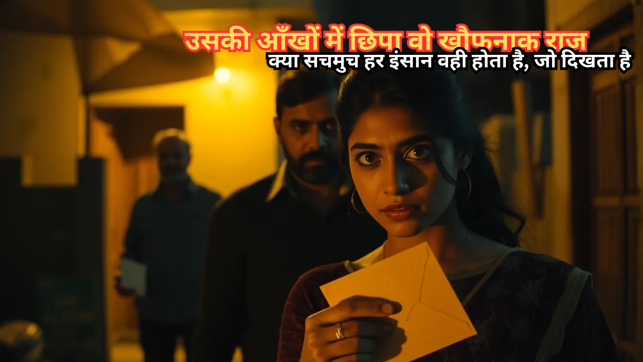 A suspenseful scene with Nikhil and Ananya in a dimly lit Gurgaon street, a bearded man with an envelope in the background