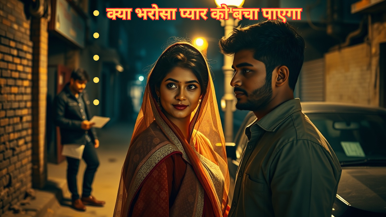 एक युवा जोड़ा दिल्ली की गली में स्ट्रीटलाइट के नीचे खड़ा है, पीछे एक काली कार के पास रहस्यमयी आदमी लिफाफा लिए खड़ा है।