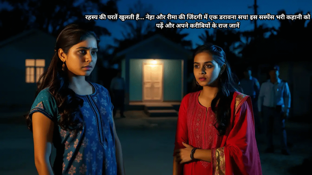 Two worried Indian women in colorful kurtas, with police in the background at night, symbolizing a suspenseful mystery