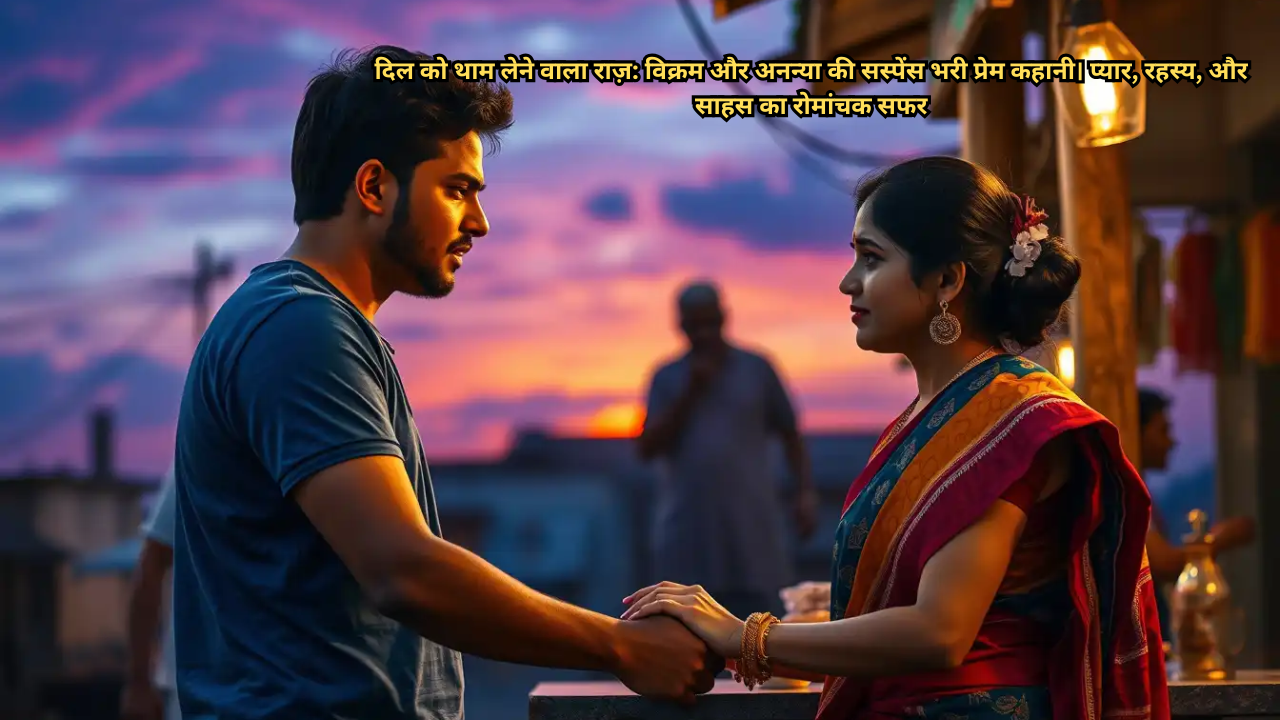Vikram and Ananya at tea stall, suspenseful love story, small town, menacing figure in background