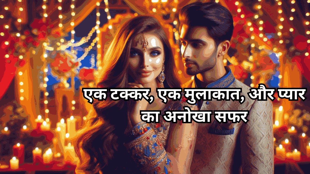 "A young Indian couple in traditional attire at a vibrant wedding, with the woman in a lehenga and the man in a sherwani, gazing affectionately under golden lights and floral decorations."