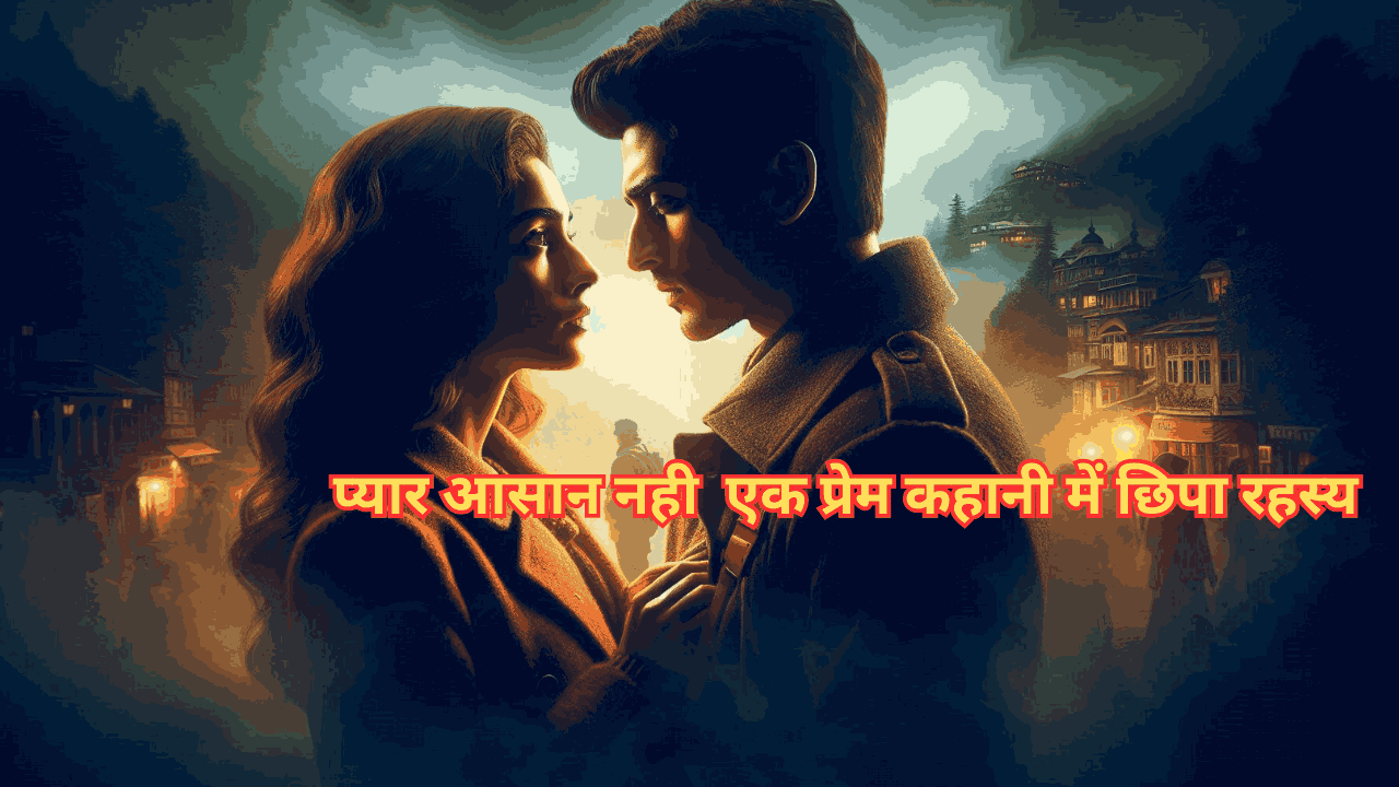 एक युवा भारतीय जोड़ा एक-दूसरे की आँखों में विश्वास के साथ देख रहा है, धुंधले हिल स्टेशन की पृष्ठभूमि में, जिसमें सुनहरे और नीले रंगों का मिश्रण है। पृष्ठभूमि में एक छायादार आकृति सस्पेंस का संकेत देती है, जो एक रोमांटिक सस्पेंस कहानी 'प्यार आसान नहीं' को दर्शाती है।