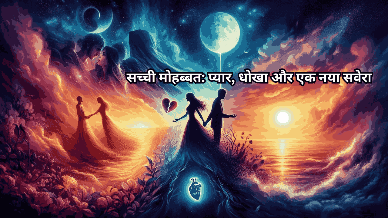 A cinematic illustration of a Hindi love story depicting love, betrayal, and a new beginning with a couple under a starry sky, a broken heart, and a hopeful sunrise