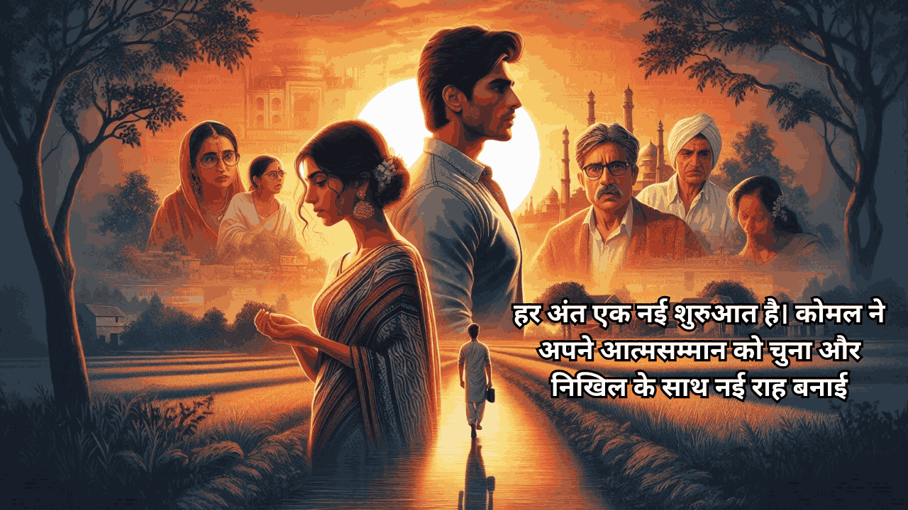 एक छोटे शहर की लड़की कोमल और संकेत सूर्यास्त में खड़े, पारंपरिक पोशाक और आधुनिक शर्ट में, पृष्ठभूमि में गोपीनाथ और निखिल धुंधले रूप में