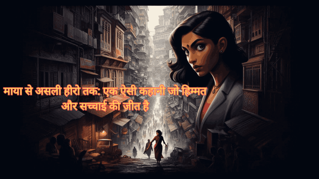 A determined dark-skinned woman, Maya, stands in the narrow alleys of Mumbai with towering buildings in the background, searching for her missing friend Arun, symbolizing her bravery against societal prejudice and a dangerous mystery involving Shadow Enterprises