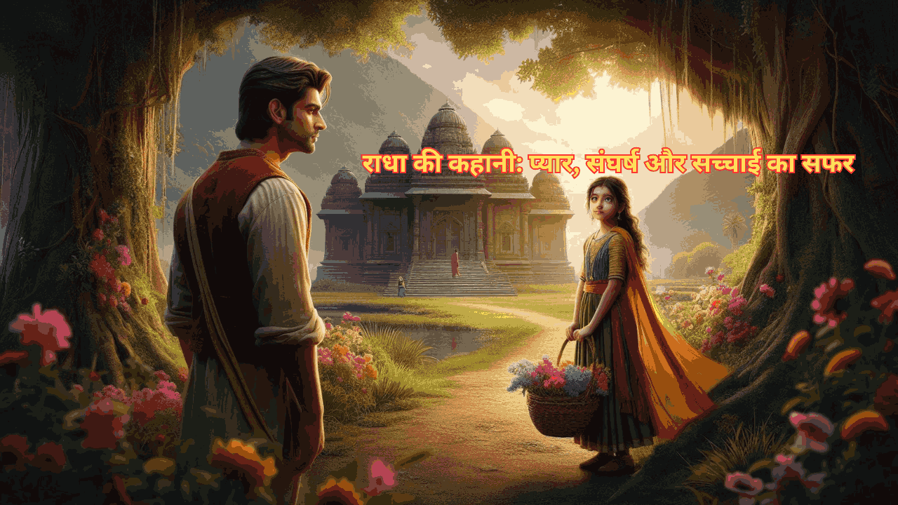 एक ग्रामीण मंदिर के पास राधा, फूलों की टोकरी लिए, साहेब के साथ भावनात्मक मुलाकात में। पृष्ठभूमि में हरे-भरे जंगल और प्राचीन मंदिर के साथ प्यार और संघर्ष की कहानी को दर्शाती छवि।