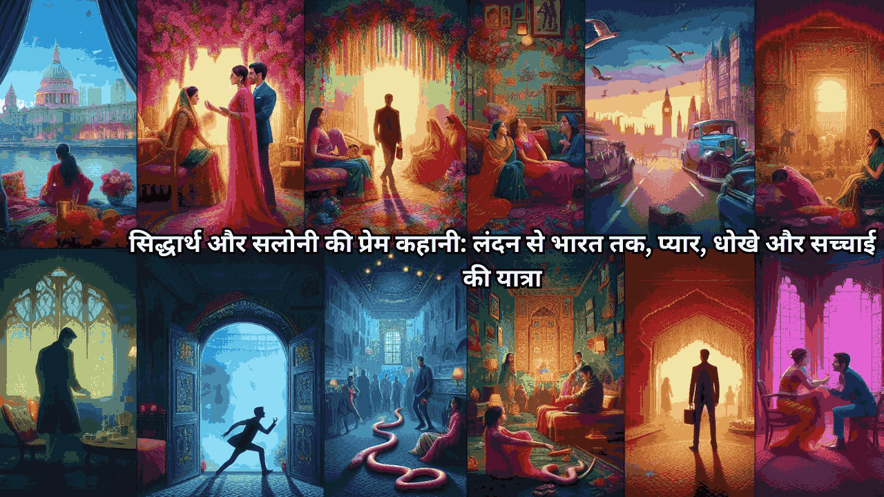 A vibrant wedding scene of Siddharth and Saloni with floral garlands, transitioning to a mysterious Indian village setting with a shadowy figure, a snake on the bed, and a wall with 'वापस चली जा' written, symbolizing love, betrayal, and truth