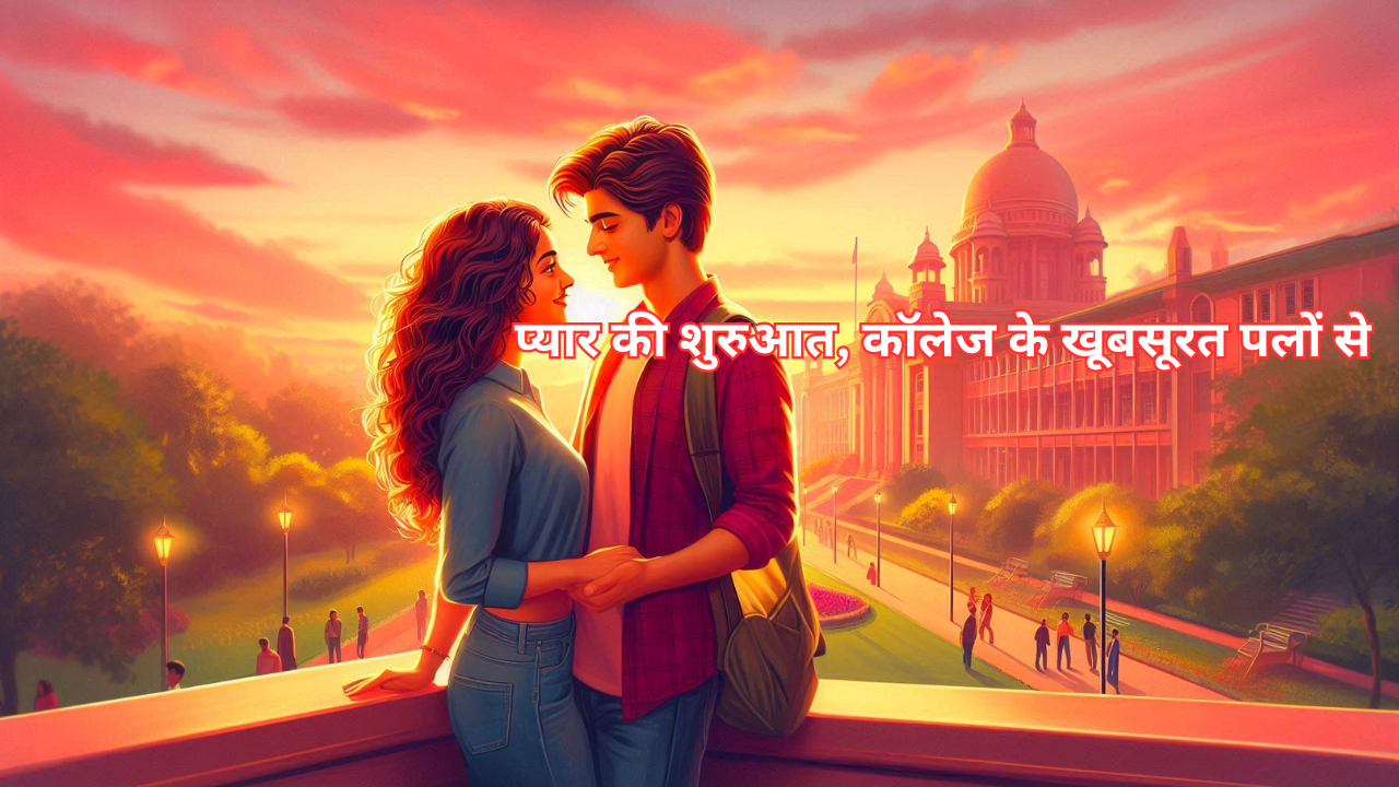 एक युवा जोड़ा कॉलेज की छत पर सूर्यास्त के समय एक-दूसरे का हाथ थामे मुस्कुराते हुए खड़ा है। पृष्ठभूमि में कॉलेज की इमारतें और हरी-भरी हरियाली दिखाई दे रही है, जो एक रोमांटिक और युवा प्रेम कहानी को दर्शाती है।