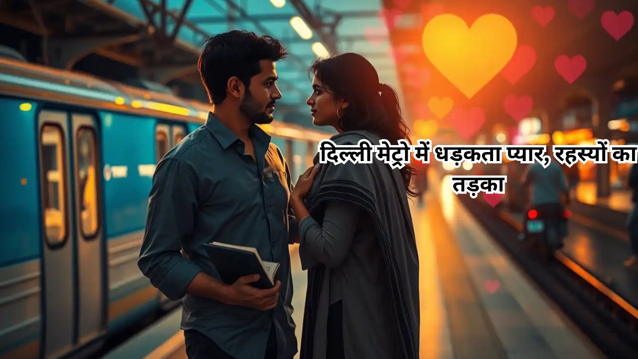 दिल्ली मेट्रो स्टेशन पर सूर्यास्त के समय एक जोड़ा, पुरुष के हाथ में डायरी, महिला स्कार्फ में, रोमांस और रहस्य भरी नजरों के साथ