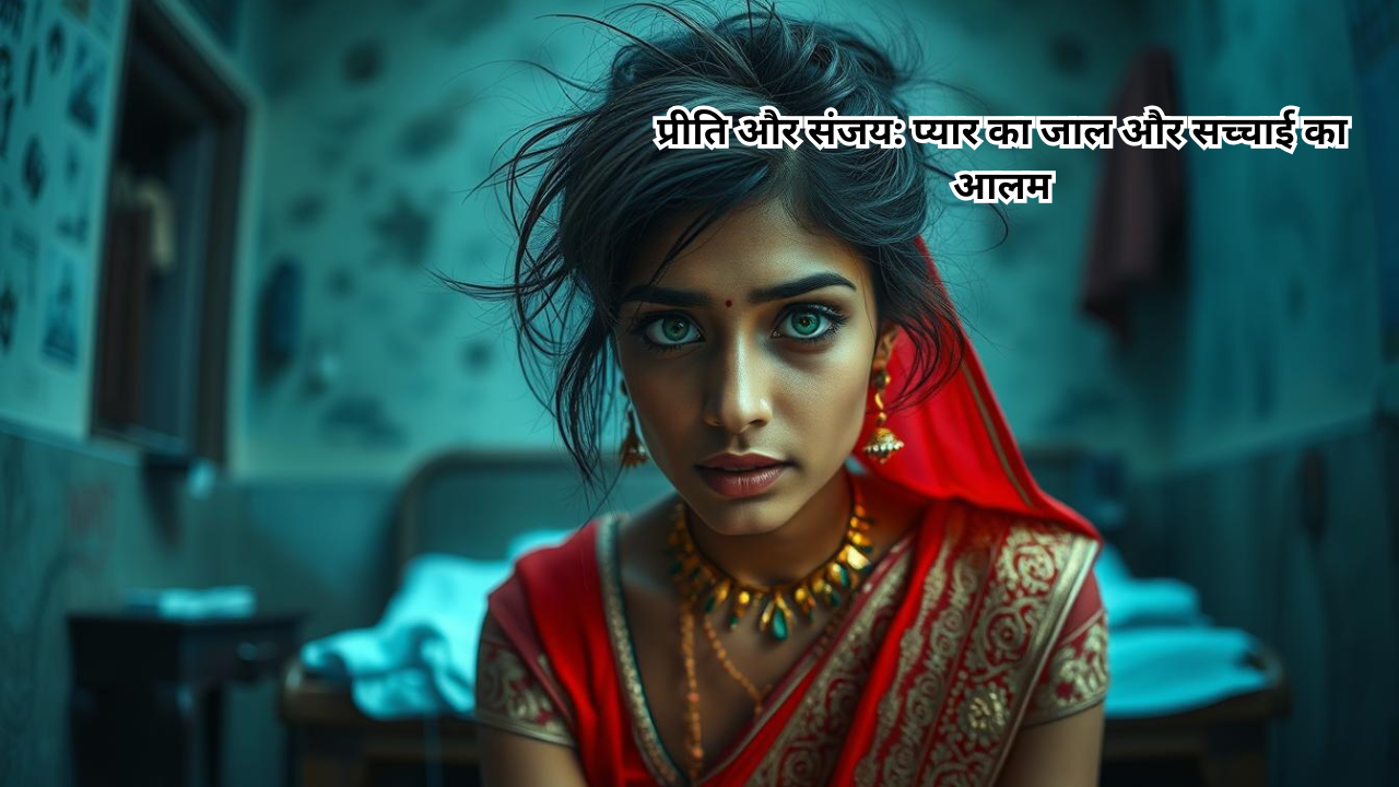 प्रीति लाल साड़ी में, पारंपरिक गहनों के साथ, बीमार पिता के बिस्तर के पास खड़ी।