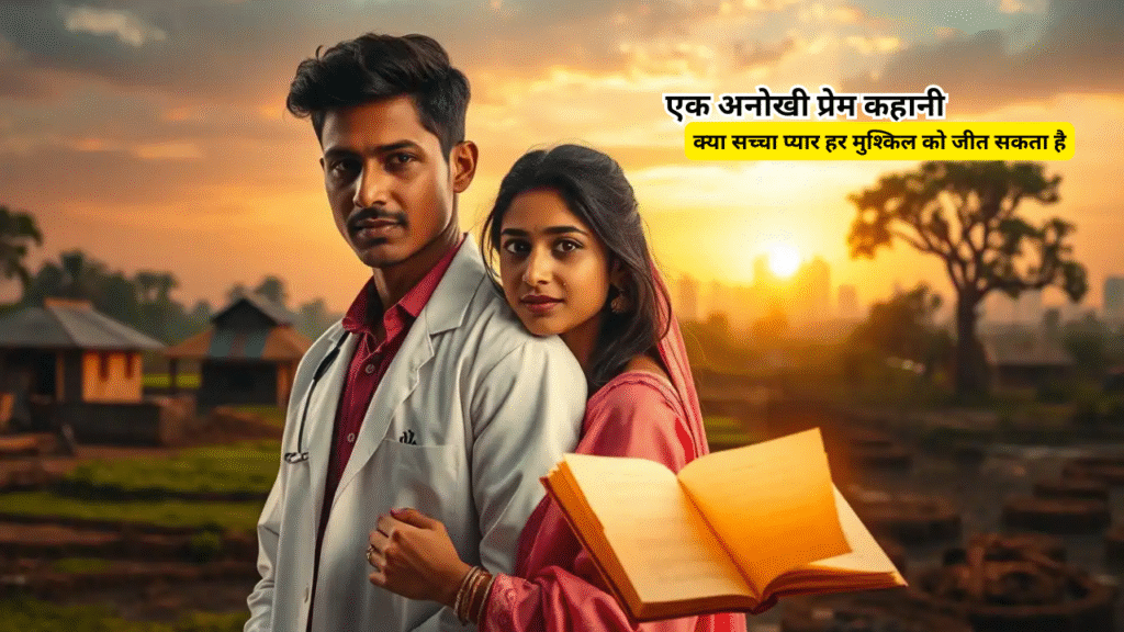 एक डॉक्टर और एक युवती एक गुलाबी सूर्यास्त के सामने, गांव और शहर के कंट्रास्ट बैकग्राउंड में। किताब और पत्र प्रेम और बलिदान का प्रतीक हैं।