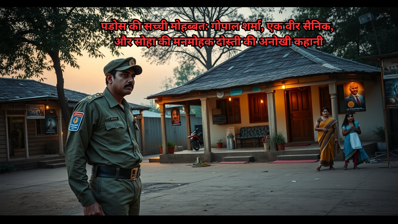 Alt Text: "A tall Indian soldier in uniform standing in a village square near a chaupal with Bollywood posters, a young girl in a blue salwar-kameez throwing a note, and scattered papers on the ground, depicting a heartfelt love story in a traditional Indian villag