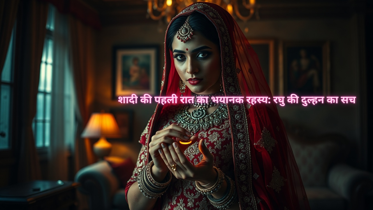 A haunting Indian bride in a wedding lehenga holding a mysterious poisonous ring in a dimly lit traditional room, symbolizing love, betrayal, and revenge
