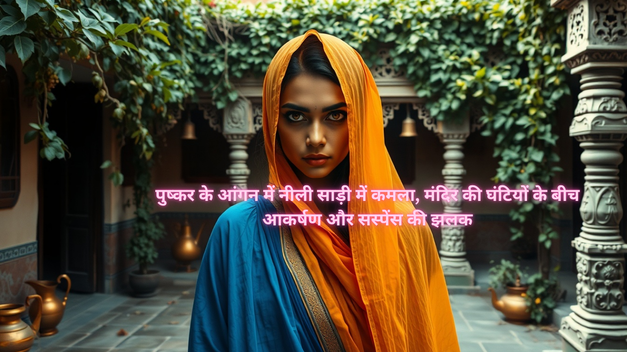 Mysterious woman in blue sari with deep eyes in Pushkar courtyard near temple