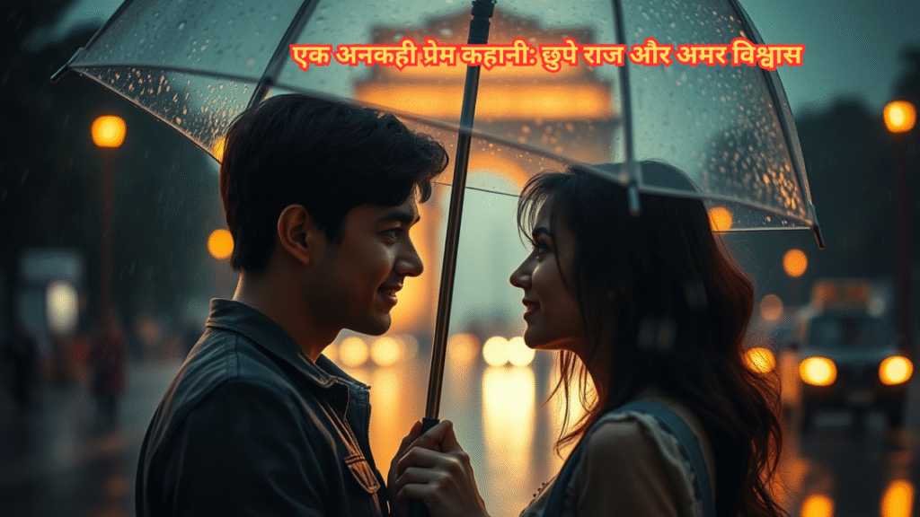 A couple sharing an umbrella in rainy Delhi with India Gate in the background, evoking romance and mystery.