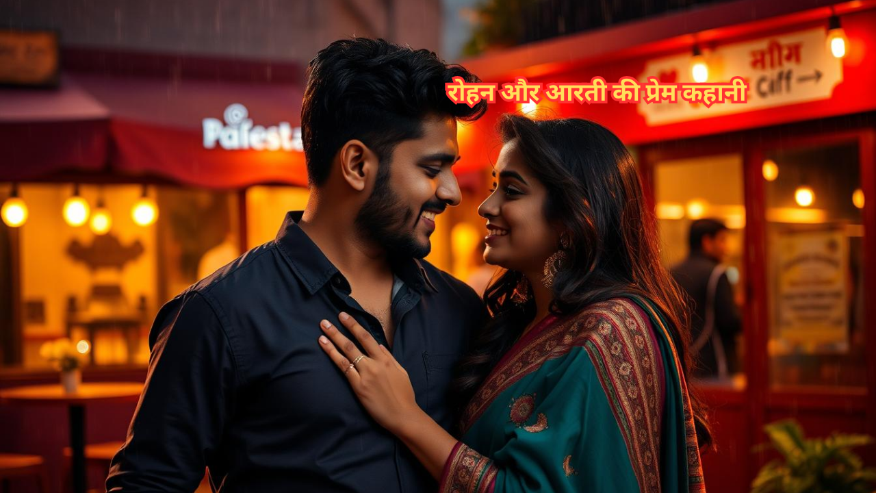 लखनऊ की बारिश भरी शाम में रोहन और आरती का रोमांटिक दृश्य, कॉफी शॉप की पृष्ठभूमि में, बनारस और लखनऊ की संस्कृति को दर्शाता हुआ, हल्का सस्पेंस झलकता है