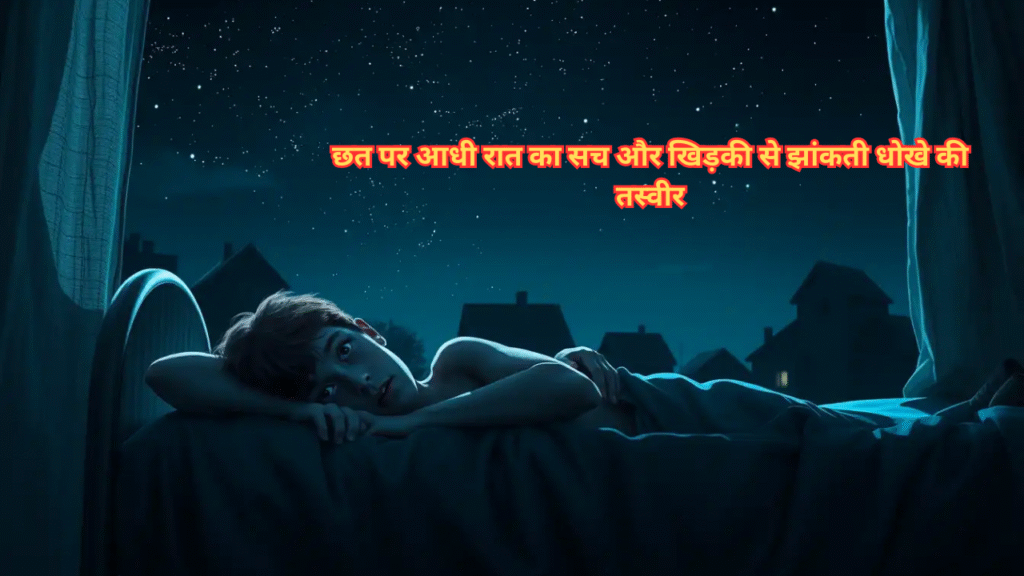 आधी रात में छत पर लेटा हुआ चिंतित किशोर खिड़की की ओर देख रहा है, जहाँ से रहस्यमय रोशनी आ रही है।