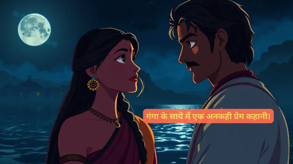 चांदनी रात में गंगा नदी के किनारे एक दूसरे को देख रहे राधा और विक्रम, जिनके चेहरों पर रहस्य और प्रेम के मिश्रित भाव हैं।