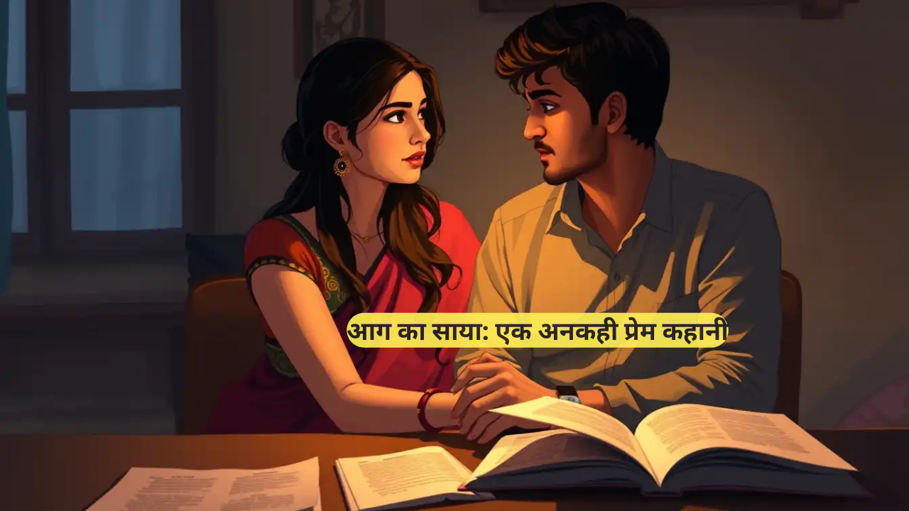 एक किशोर लड़की (नंदिनी) और एक युवा आदमी (विराट) एक मेज़ पर बैठे हैं, उनके बीच किताबें हैं, नरम रोशनी में एक अटूट संबंध की भावना व्यक्त हो रही है।