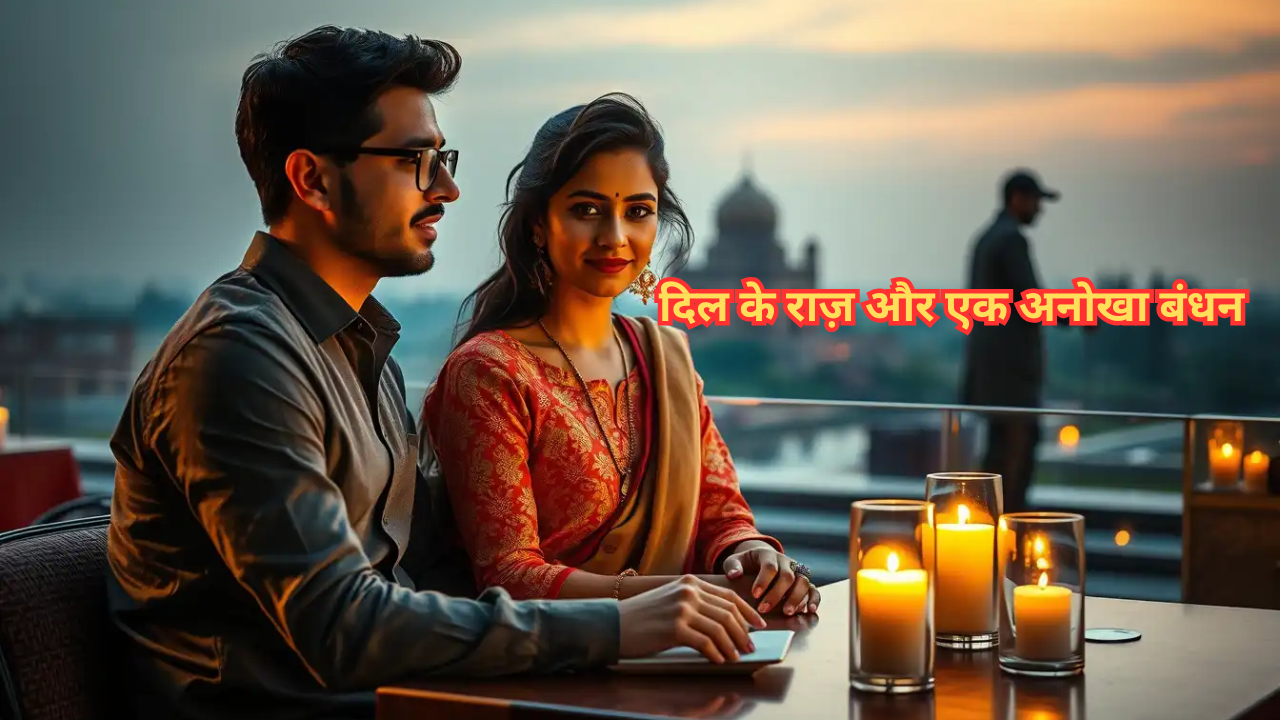Alt Text: Romantic scene of a software engineer & travel blogger at a candlelit Delhi rooftop, with historic backdrop & suspense hint.