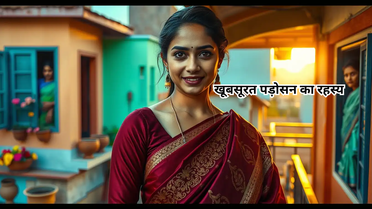 मेरून साड़ी में खूबसूरत युवती बालकनी पर खड़ी, रहस्यमयी मुस्कान के साथ। पास के घर से हरी साड़ी वाली महिला संदेह से देख रही है। रंग-बिरंगे भारतीय घर और सूर्यास्त की पृष्ठभूमि