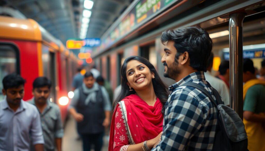 दिल्ली मेट्रो में विक्रम और नेहा की मुलाकात का रोमांटिक दृश्य।