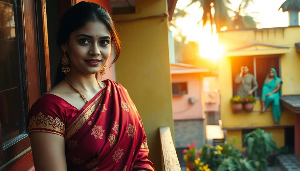 मेरून साड़ी में खूबसूरत युवती बालकनी पर, संदेह भरी नजरों से देखती हरी साड़ी वाली महिला, भारतीय मोहल्ले में