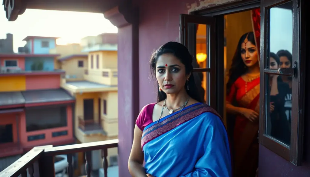 नीली साड़ी में उदास महिला, पड़ोसन ऐश्वर्या को देखते हुए, भारतीय घरों की पृष्ठभूमि में