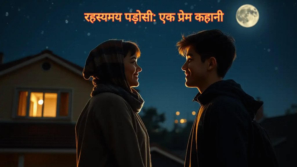चाँदनी रात में छत पर एक युवा जोड़ा, प्यार भरी निगाहों से एक-दूसरे को देख रहा है।
