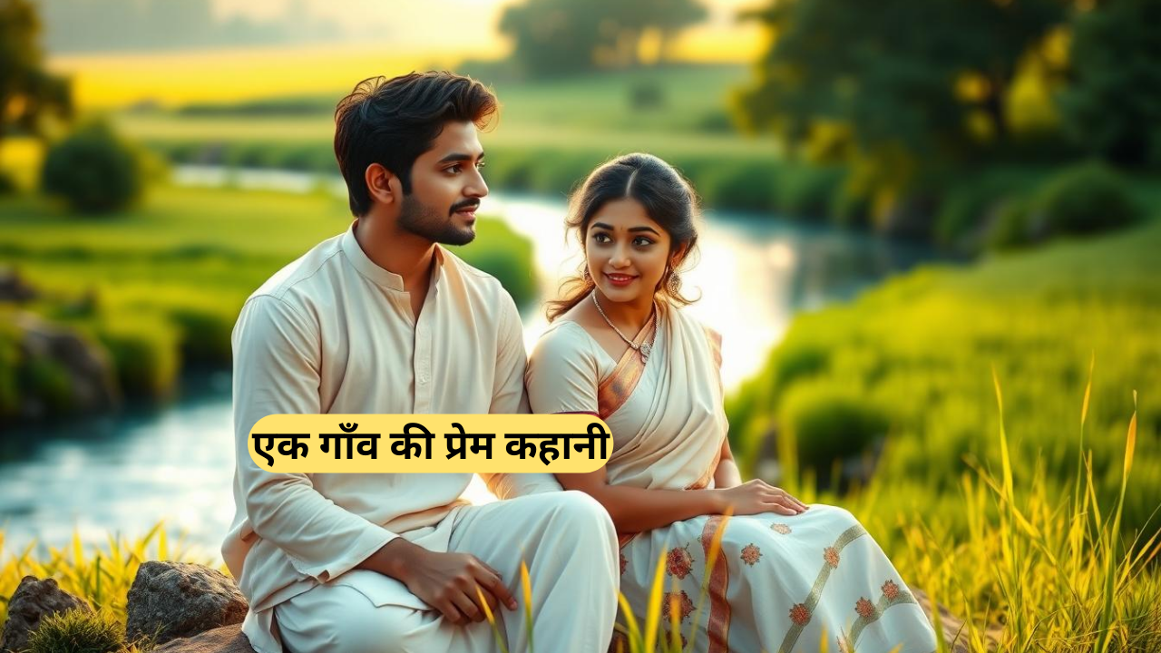 हरे-भरे खेतों और एक शांत नदी के किनारे बैठे दो युवा (अर्जुन और काव्या), उनके बीच गहरी दोस्ती और दबी हुई भावनाओं का दृश्य।