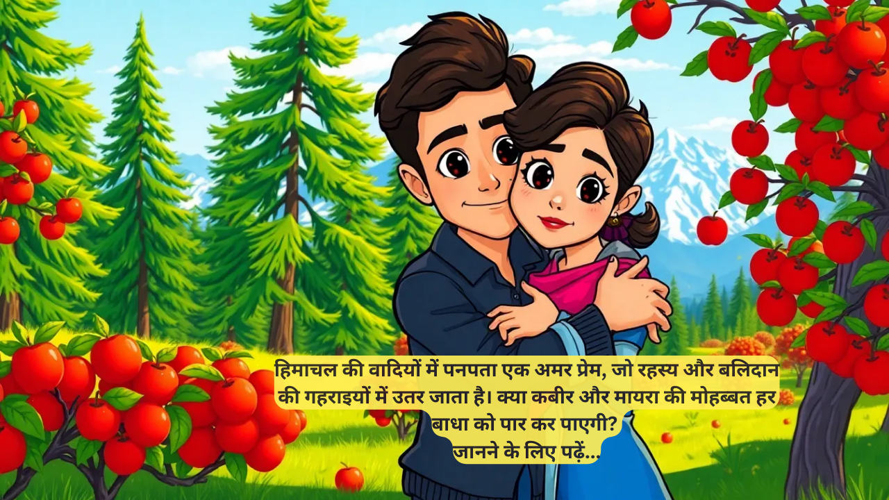 कार्टून शैली में प्रेमी युगल, पहाड़ी दृश्य, सेब के पेड़