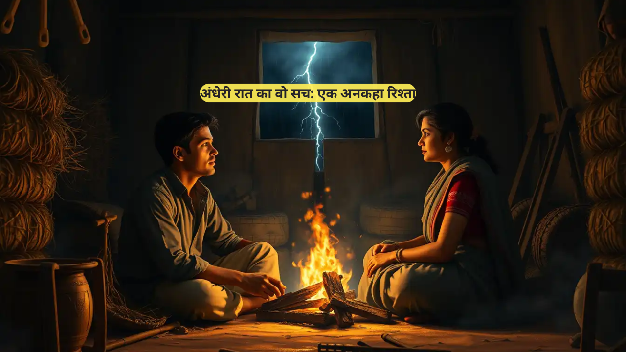 एक पुराने स्टोर-रूम में एक जवान भारतीय जोड़ा आग के पास बैठा है, जबकि बाहर तूफानी रात में बिजली चमक रही है